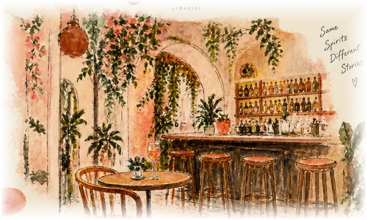 Hand-painted cozy Mediterranean bar with warm lamps, trailing vines, bottles and barstools