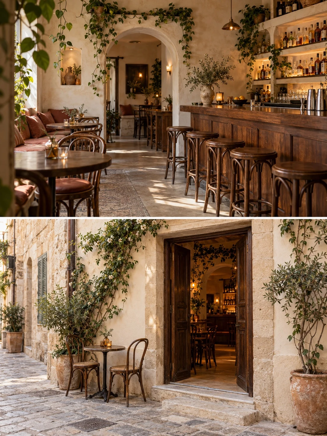 Warm wooden counter and vine-framed arch of the imagined Cheers interior