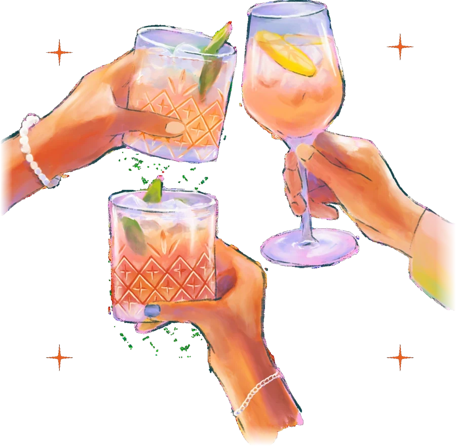 Three hands clink pink and citrus cocktails, painted in bright watercolor