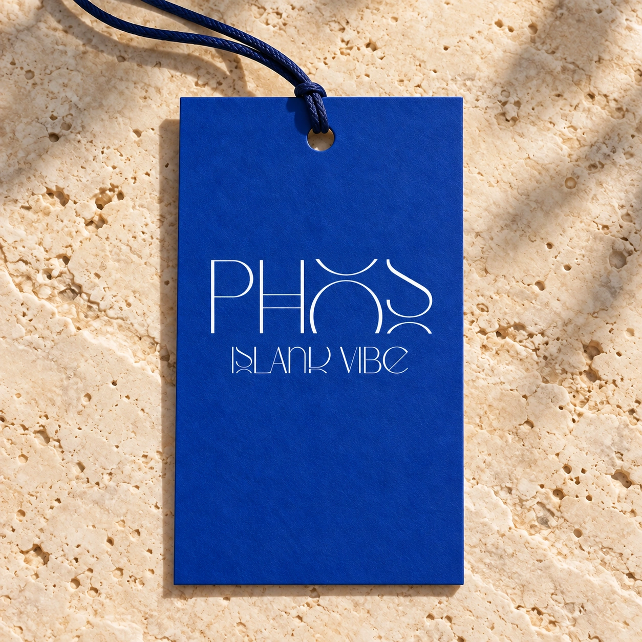 PHOS ISLAND VIBE on a deep blue hang tag