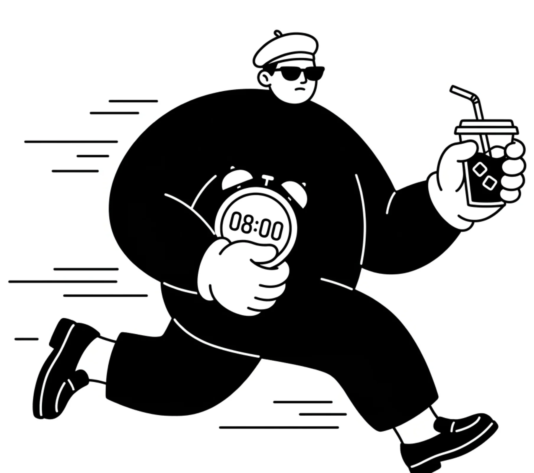 Character GO: a runner with an alarm clock and an iced coffee