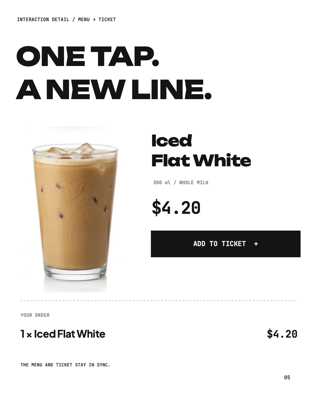 Interface detail: Iced Flat White card with an Add to ticket button