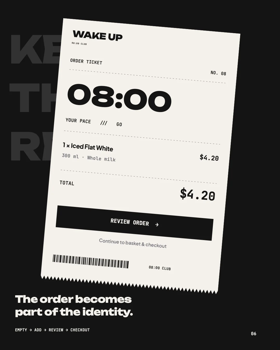 Order ticket with a 08:00 header and a Review order button